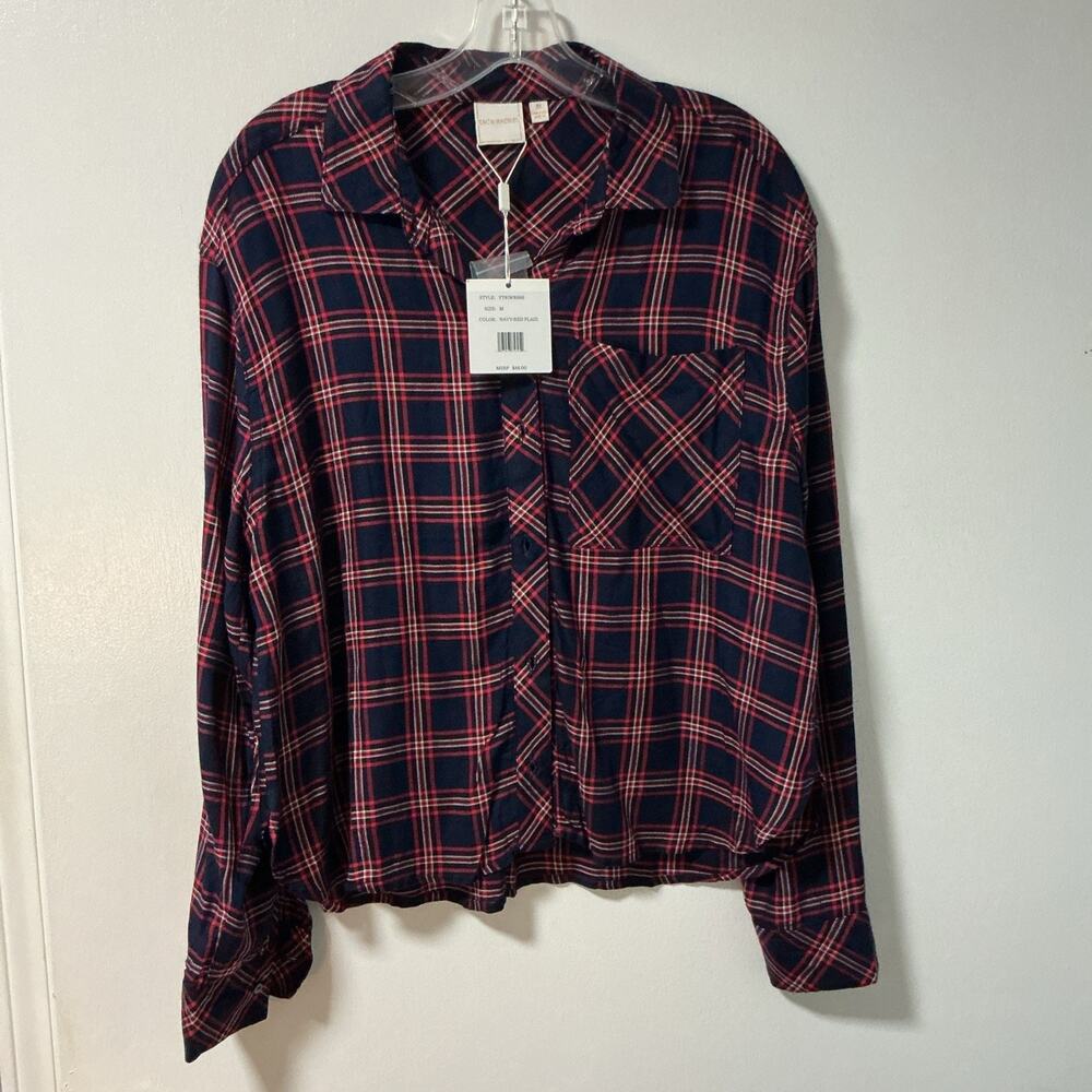NWT Zac &Rachel Rayon Plaid Red/Navy Button Up Size M 3761